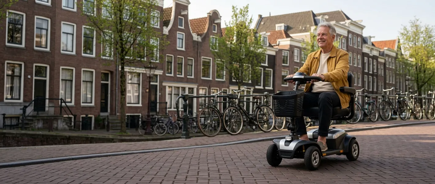 Een man op een scootmobiel langs een Amsterdamse gracht